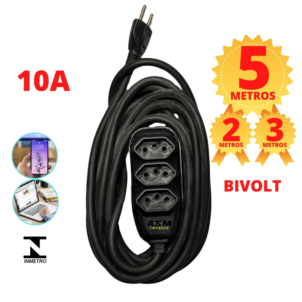 Extensao Eletrica 10Amperes com 5 metros de cabo preto Bivolt Extensao de Energia
