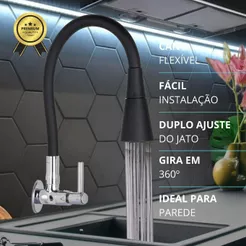 Torneira Gourmet Cozinha Parede Preta Flexível 2 Jatos 1/4 Volta Para Pia