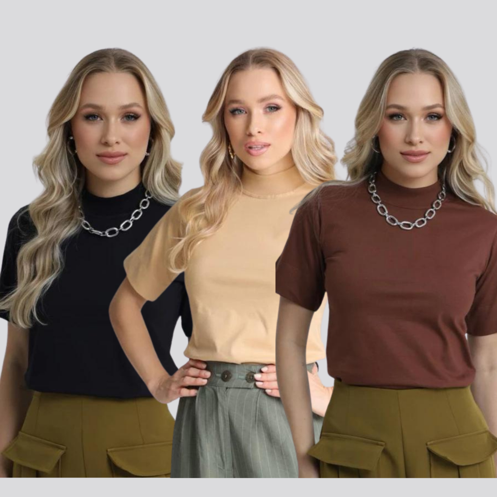 Kit 2 T-shirt Feminina Gola Alta Blusa Elegante