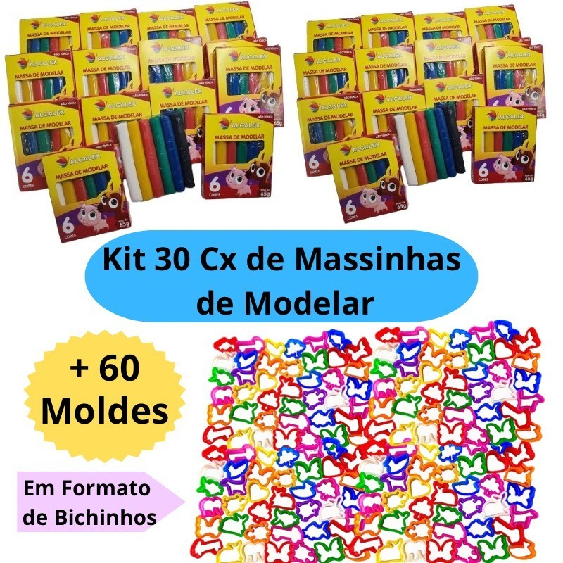Kit 30 Cx Massinha de Modelar + 60 Molde Cortador Lembrancinha Kit Festa Infantil Escolar