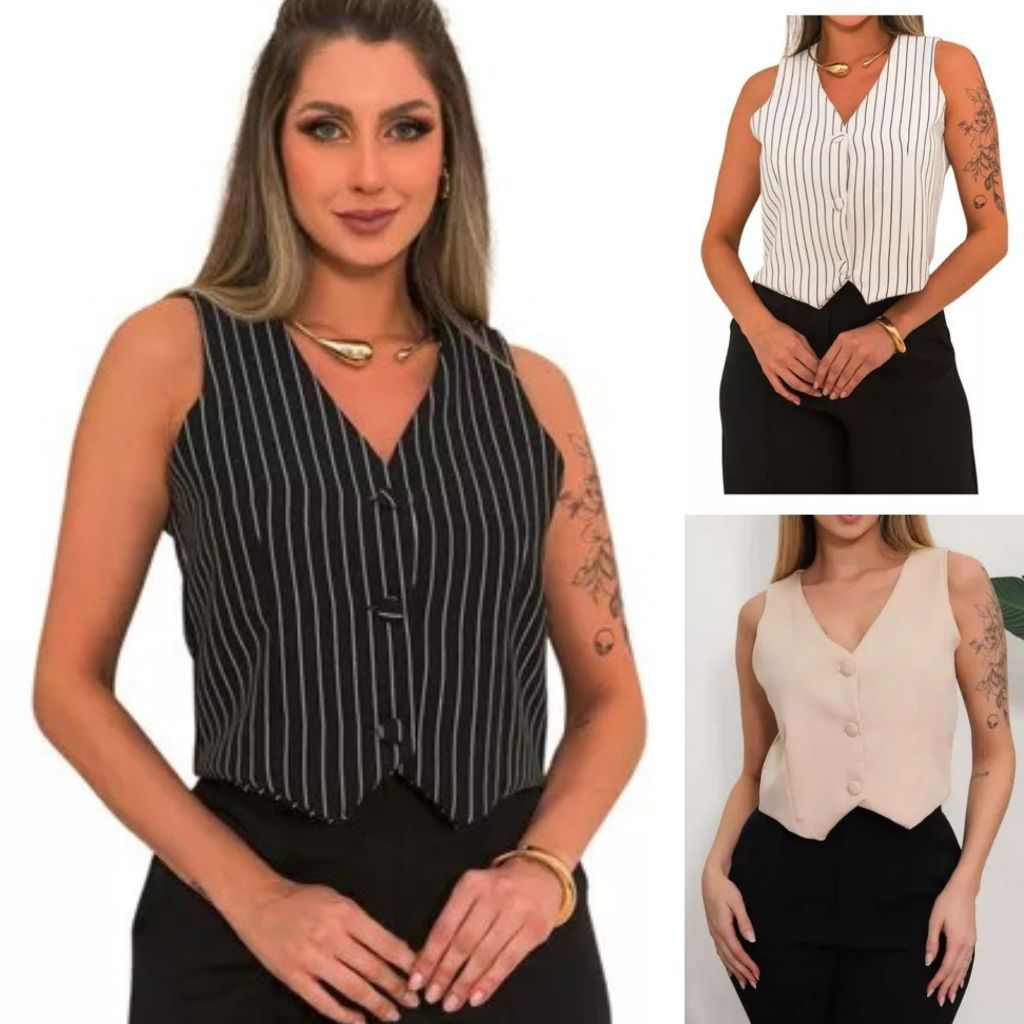 Kit 3 Coletinho Curto Social Alfaiataria Colete Feminino Forrado Atacado Oferta em Oferta na Shopee