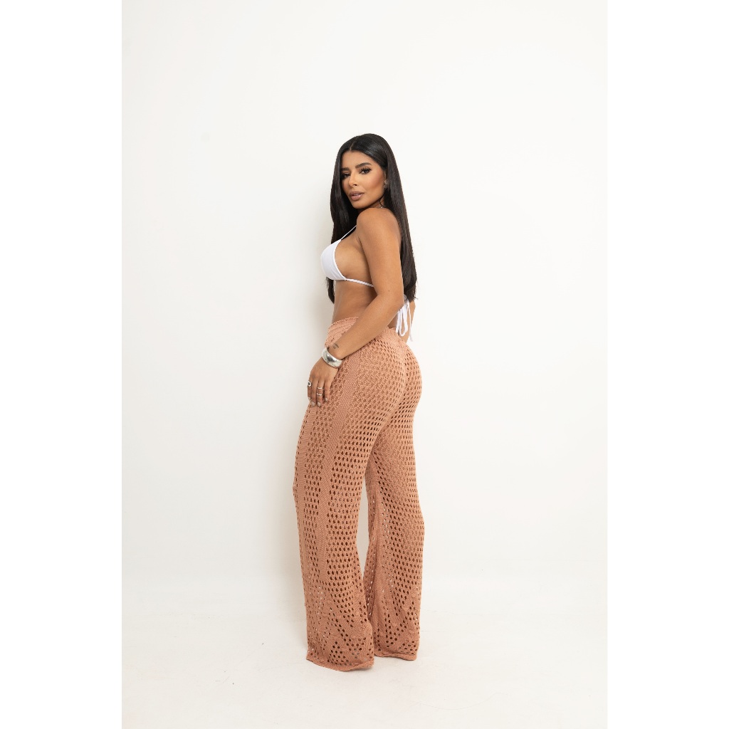 Calça Saida de Praia Tricot Crochê Tendência Moda Feminina | Calça Pantalona Praia Tricô Verão 2026
