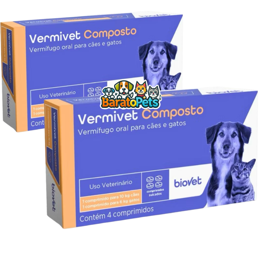 Kit 2 Vermivet Composto 600mg - Vermifugo para caes e gatos - Barato Pets