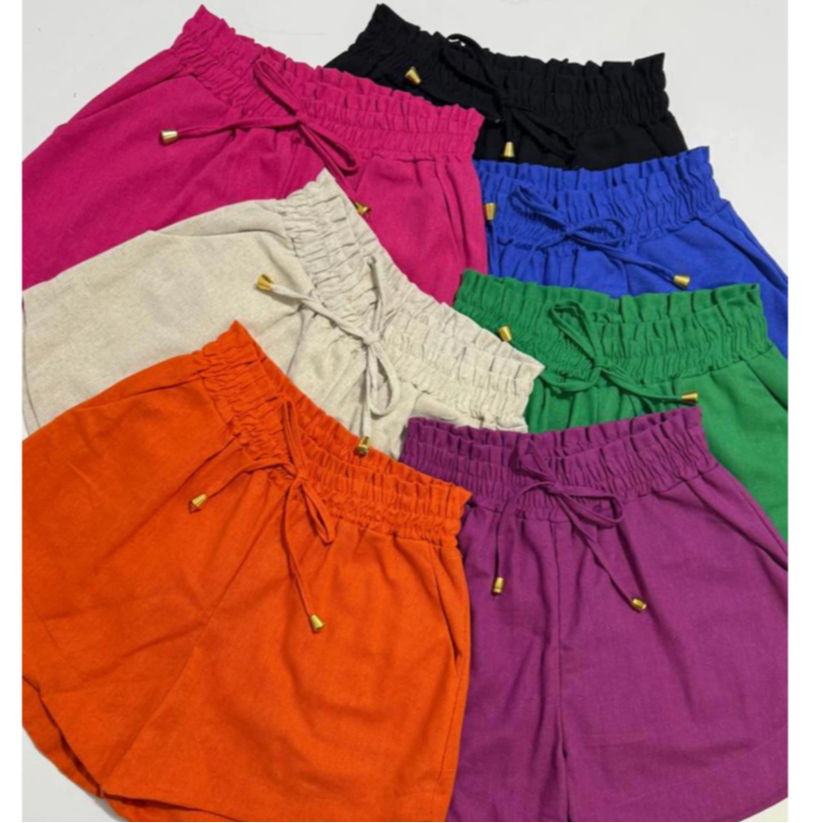 Shorts Linho Curto Feminino Com Elástico Na Cintura Bolso Lateral