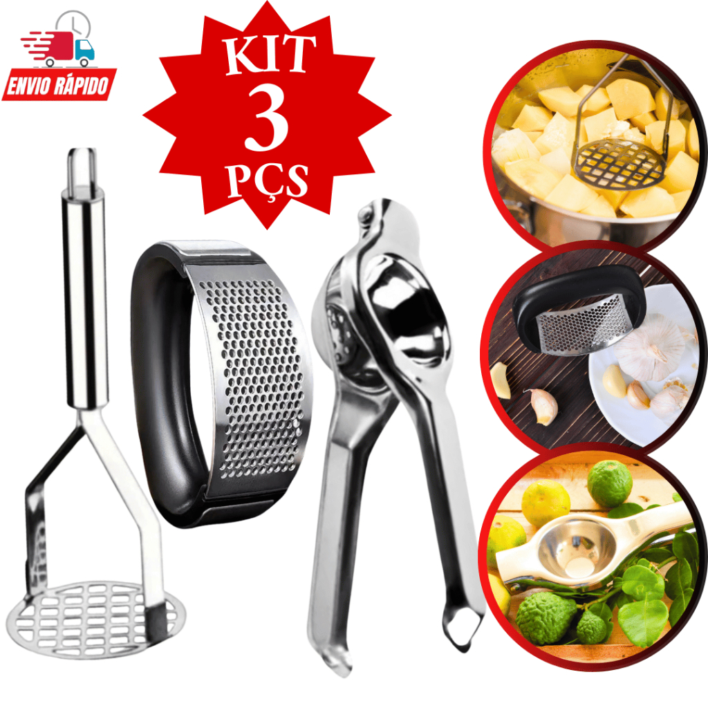 Kit  3 Peças Amassador Esmagador de Batata e Legumes Multiuso  Amassador Esmagador Triturador Cortador  de Alho  Espremedor  de Limão Frutas  Aço Inox para Cozinha Restaurante  Promoção