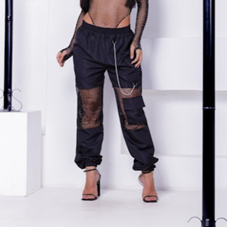 Calça Cargo Feminina com Tela Brilho e Corrente – Estilo Streetwear Fashion Tendência 2025 em Oferta na Shopee