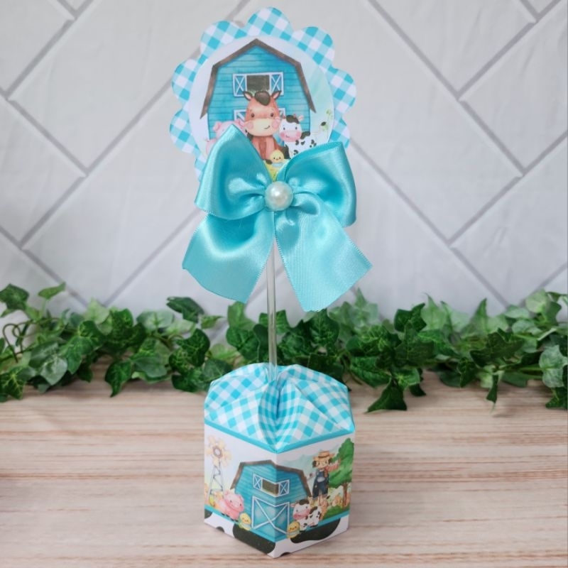 Caixa Sextavada Personalizada Fazendinha Azul Centro de Mesa Lembrançinha Festa Infantil