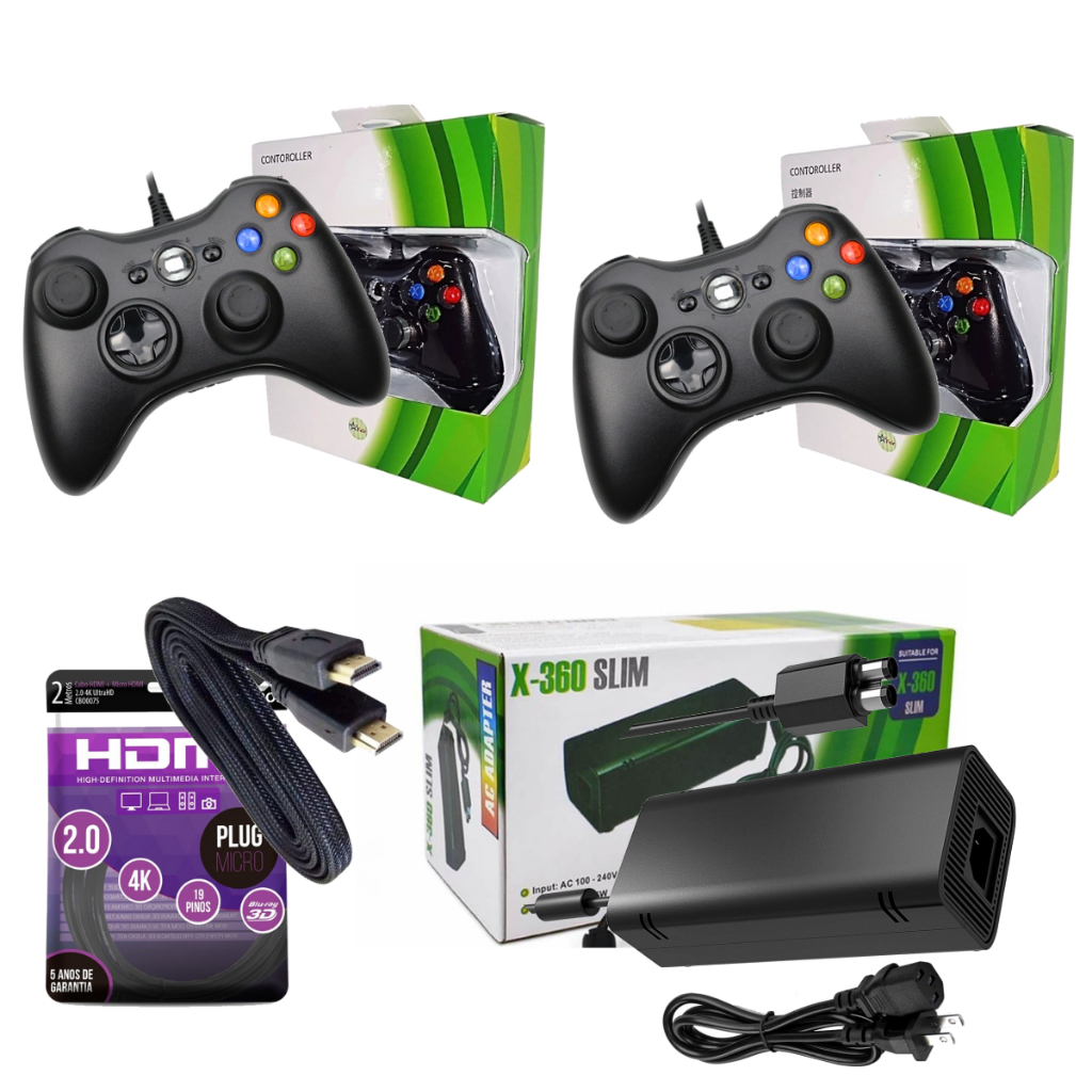 Kit Xbox 360 Slim 2 Controles Com Fio + Fonte Bivolt + Cabo Força + Cabo HDMI 4K