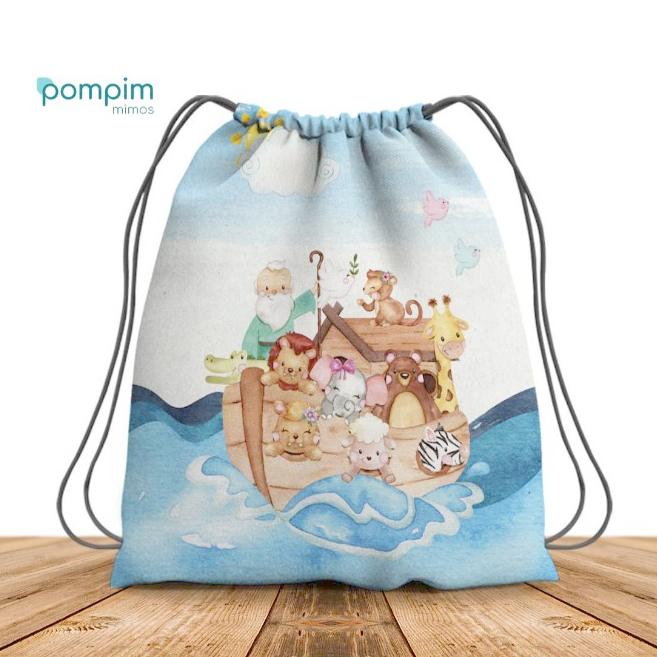 Kit Lembrancinha Mochilinha Saco Arca de Noé de tecido personalizado. Para festas e aniversários.