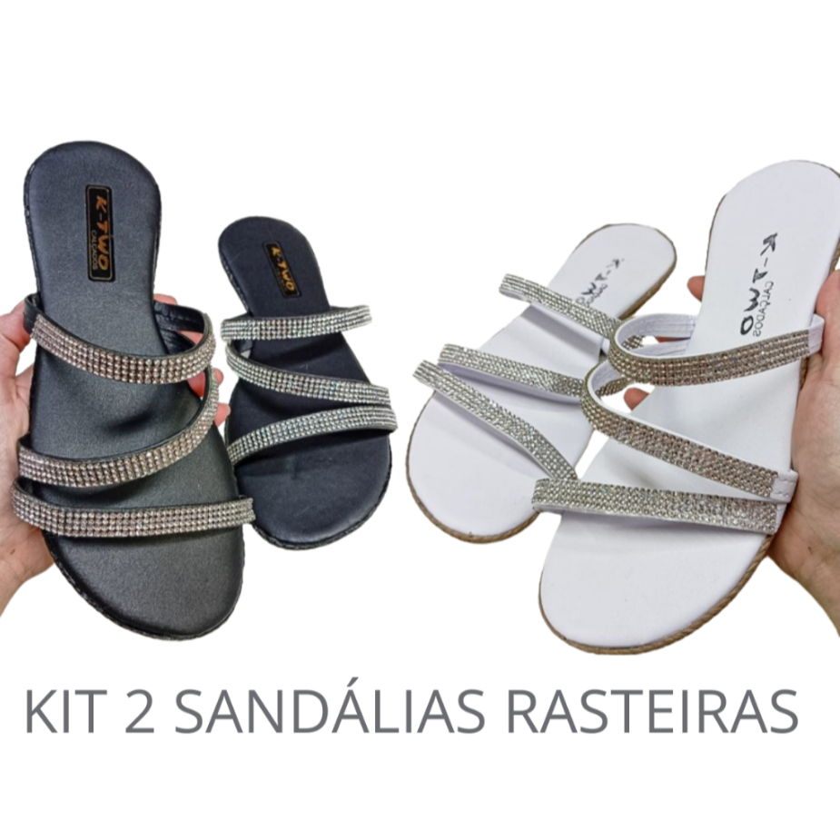 KIT 2 Sandálias Rasteirinha Feminina com Brilho Rasteira confortável Feminina Strass - BRILHA MAIS bico redondo