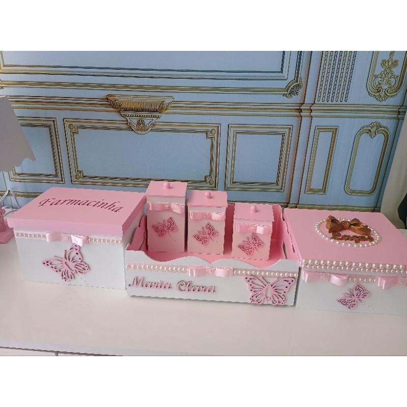 kit higiene bebê em MDF borboletas rosa com 6 peças em Oferta na Shopee