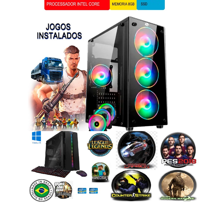 computador i5 cpu gamer barato 8gb ssd128g + hd500 wifi autocad corel photoshop lol pb et2 nime pes