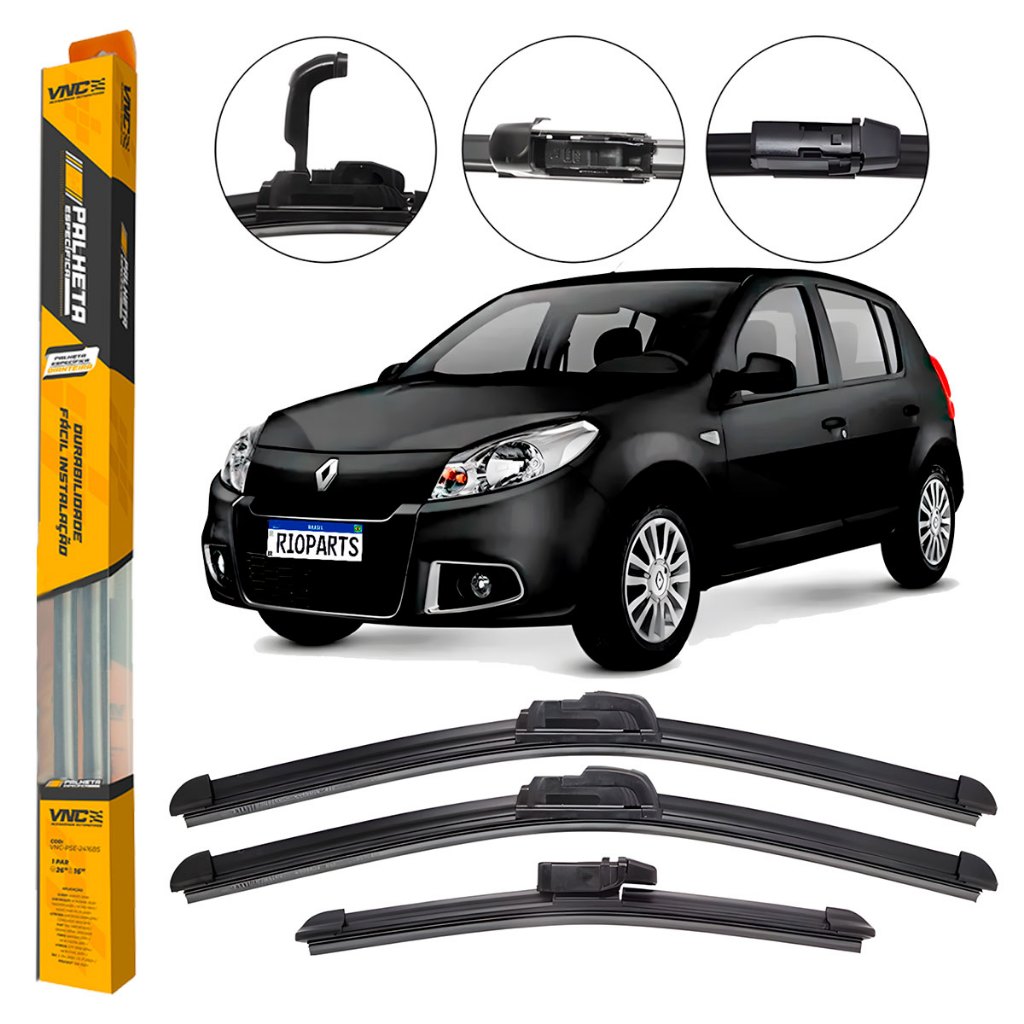 Kit 3 Palhetas Limpador De Parabrisa Dianteiro + traseiro Renault Sandero 2007 2008 2009 Até 2014 em Oferta na Shopee