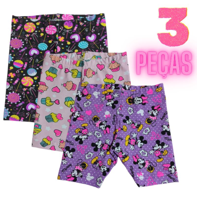 Kit 3 Shorts  Cotton Bebê Infantil 1 a 8 Anos