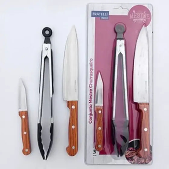 Kit Para Churrasco 3 peças/ Churrasco Profissional Fratelli Inox - Conjunto Mestre Churrasqueiro