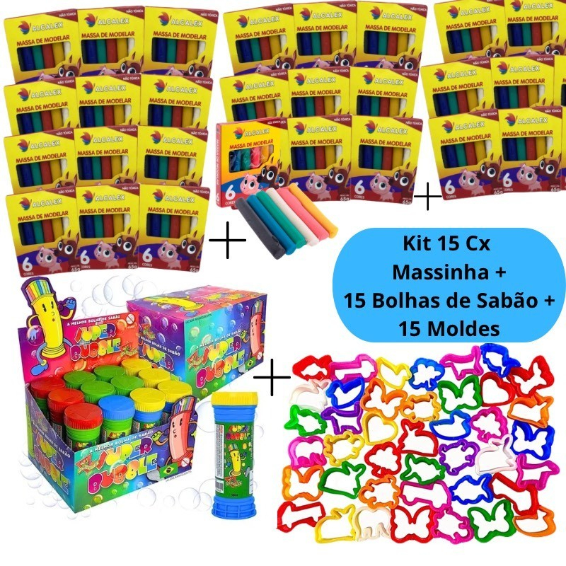 Kit 15 Cx Massinha de Modelar + 15 Bolhas de Sabão + 15 Molde Cortador Kit Festa Infantil Lembrancinha Escolar