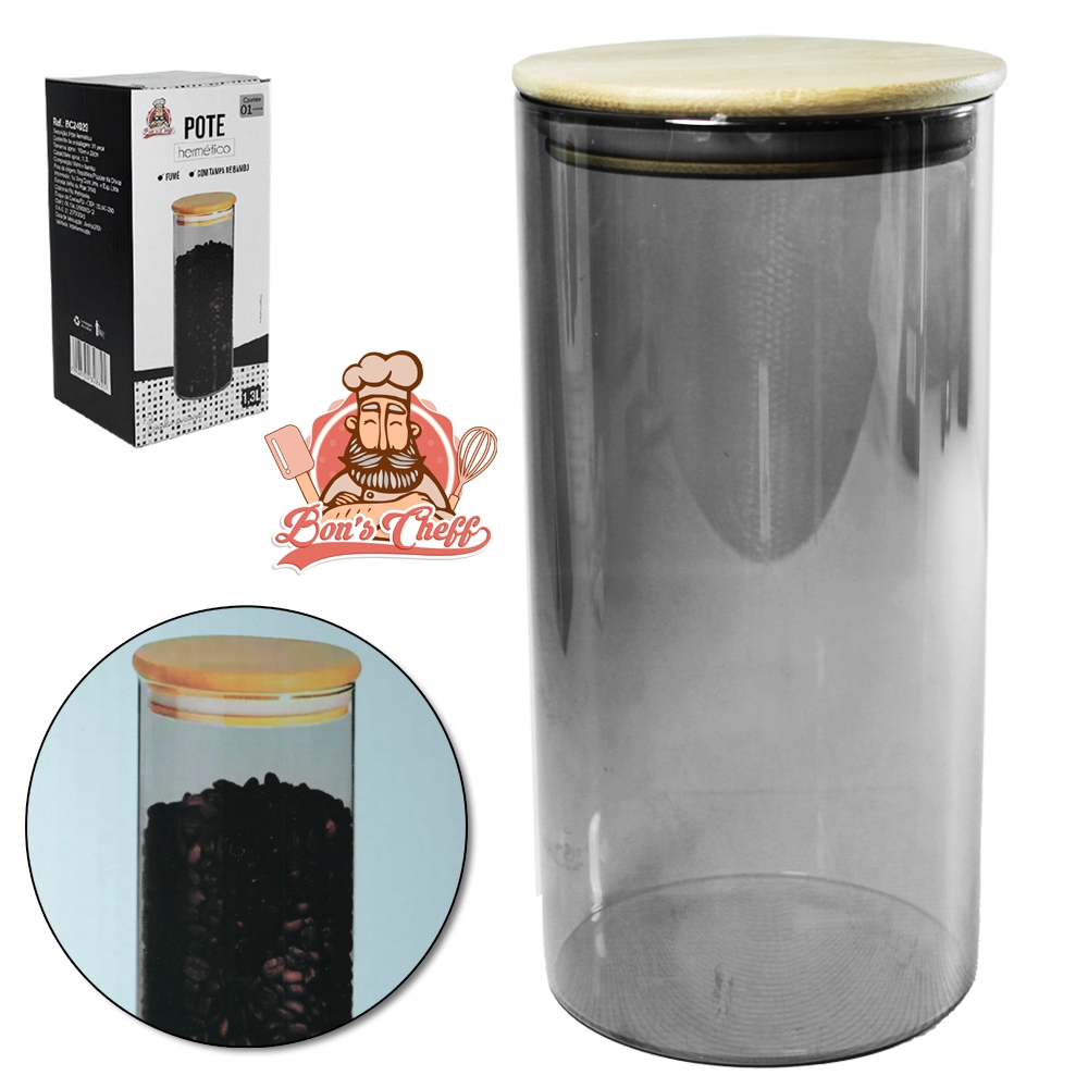 POTE DE VIDRO FUME LISO REDONDO COM TAMPA HERMETICA DE MADEIRA / BAMBU