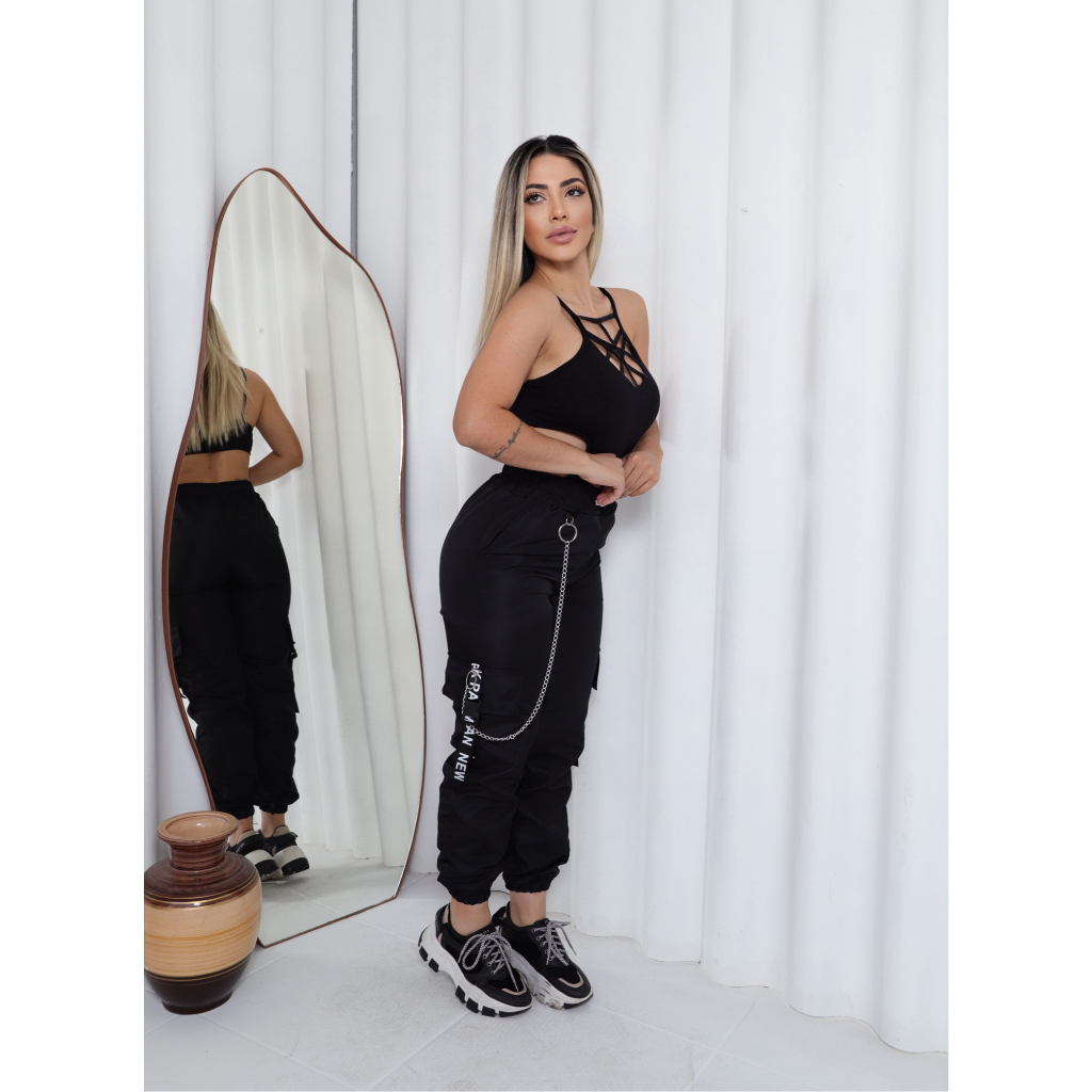 CALÇA CORRENTE SALOPETE CARGO JOGGER SUSPENSORIO MODA BLOGUEIRA