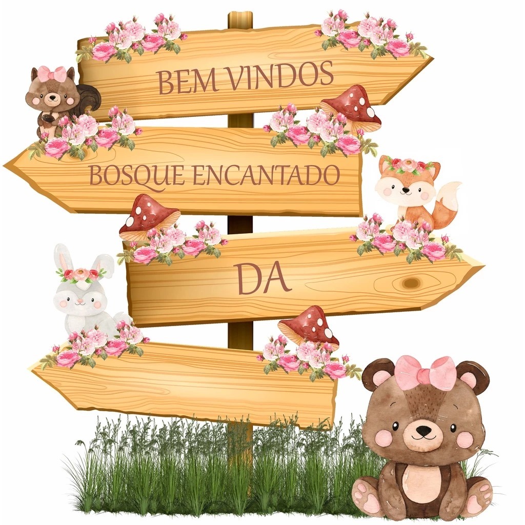 1 DISPLAY PLACA BOSQUE ENCANTADO AQUARELA PERSONALIZADA DECORAÇÃO DE FESTA