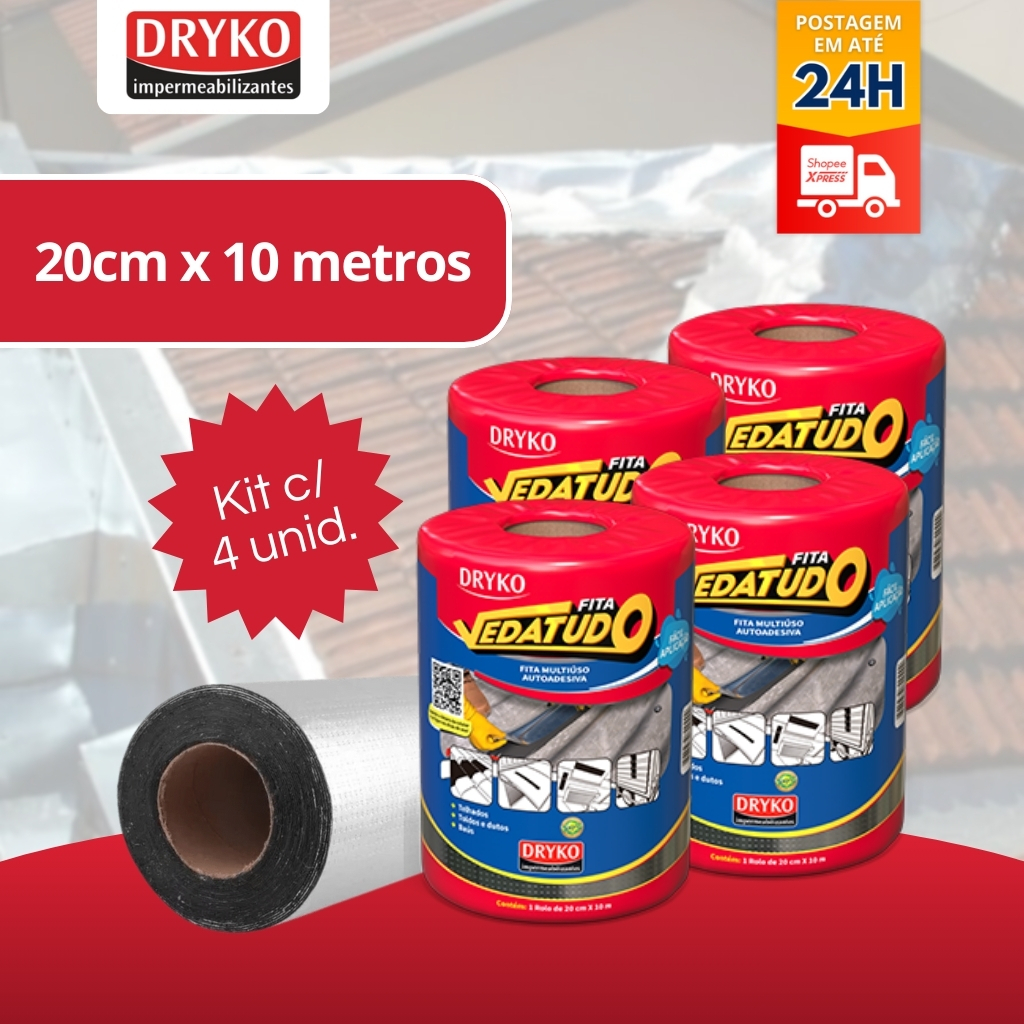 Manta Asfáltica 20cm x 10m - Fita Auto Adesiva Aluminizada p/ Telhado DRYKO Kit c/ 4 Unidades em Oferta na Shopee