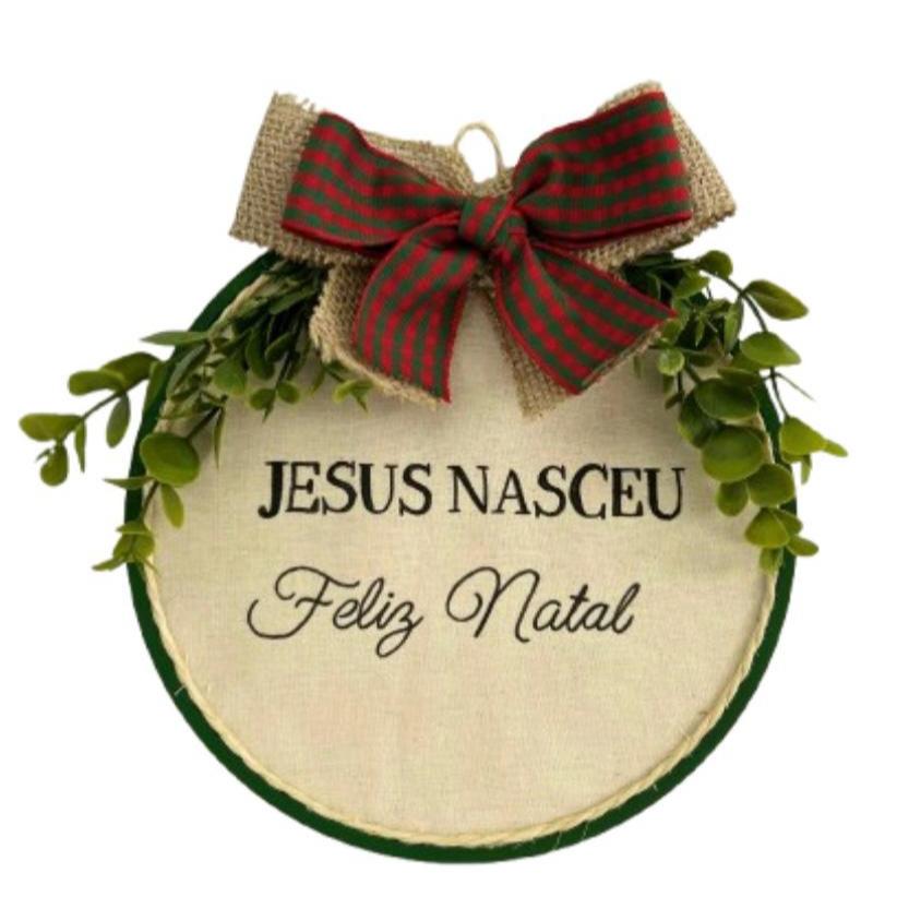 Natal - Placa Decorativa para Porta ou Parede - Guirlanda - Feliz Natal - Jesus Nasceu