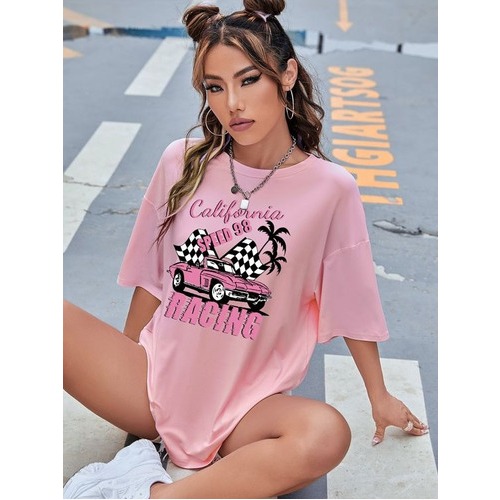 Oversized Camiseta Maxx T-shirt  Racing Carro Rosa California Camisa Moda Streetwear  Feminina Larga