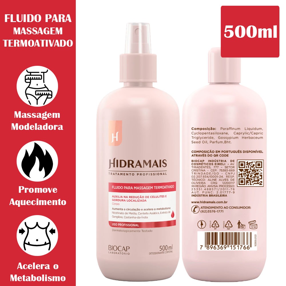 Hidramais Fluido Térmico Ativado Nicotinato De Metila Para Tratamento De Gordura Localizada Celulites e estrias 500ml em Oferta na Shopee
