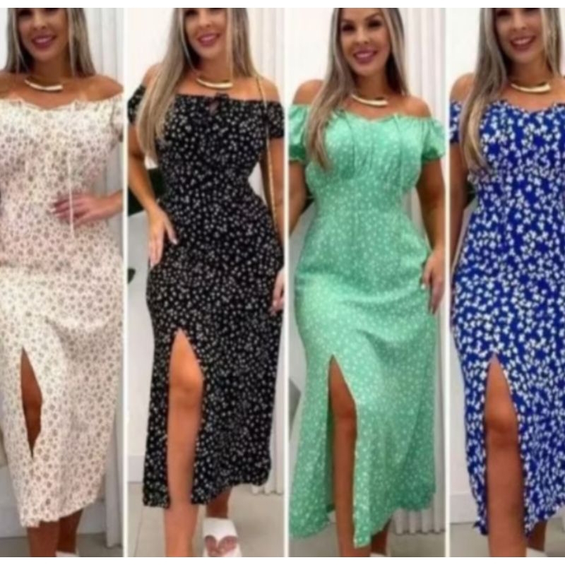 Vestido Midi Feminino Longo Floral Coreano com Abertura na perna Midi Romântico