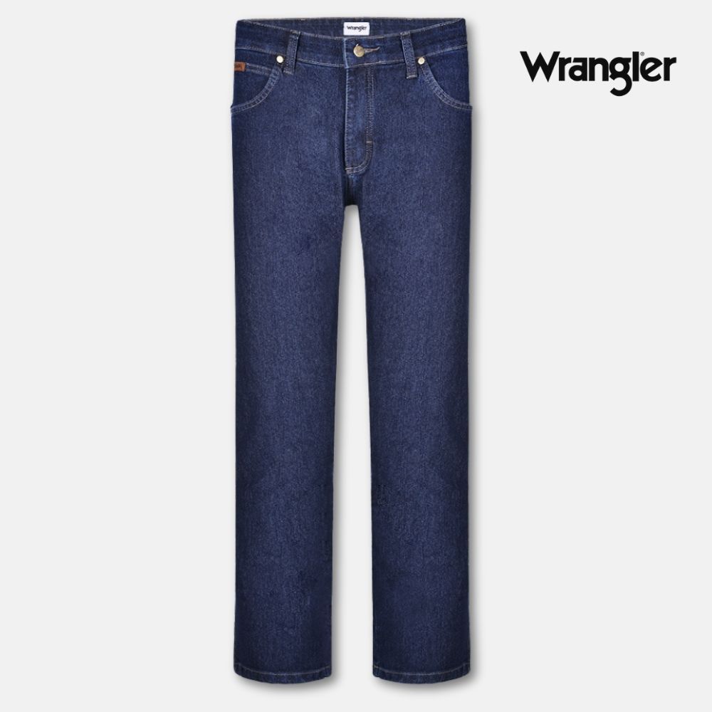 Calça Masculina Wrangler Azul Escuro Corte Regular Tradicional Country Barra Reta Com Elastano