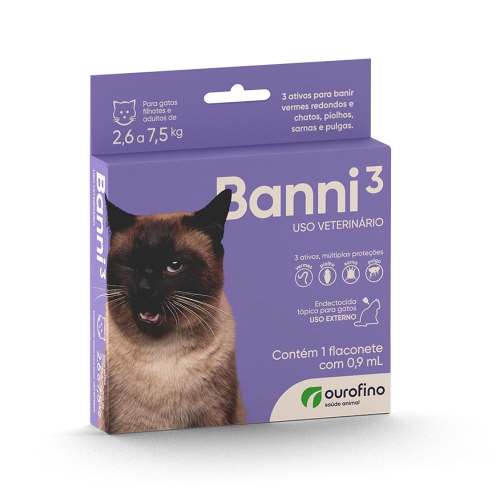 Banni 3 Gatos 2,5kg a 7kg Vermes Pulgas Sarna Piolho - Ourofino Pet