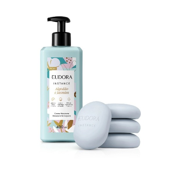 Kit combo Instance Algodão e Jasmim: Sabonete Vegetal em Barra 4x80g + Creme Corporal 400ml