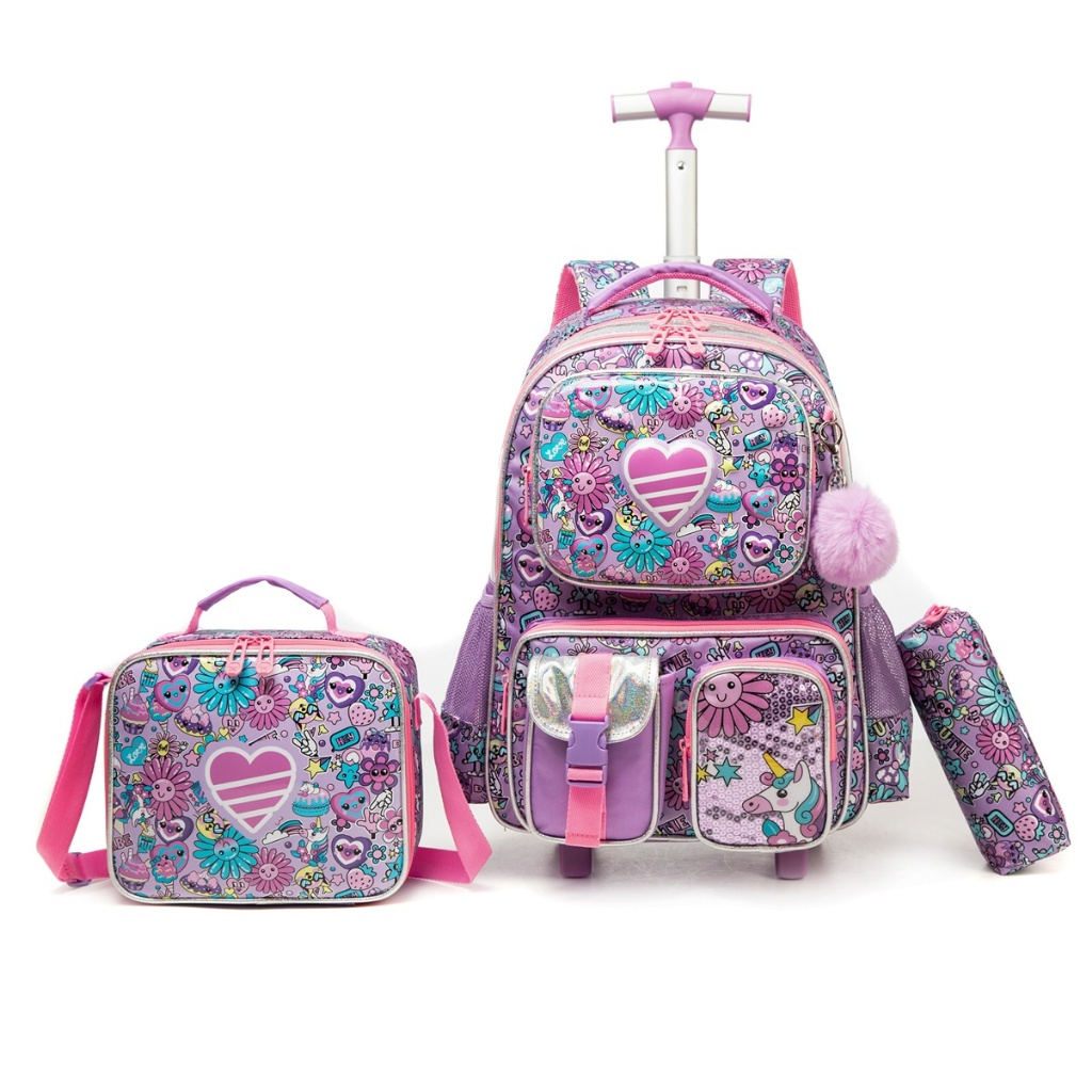 Kit Escolar Infantil Mochila Rodinha Lancheira Estojo Reforçada Meninas