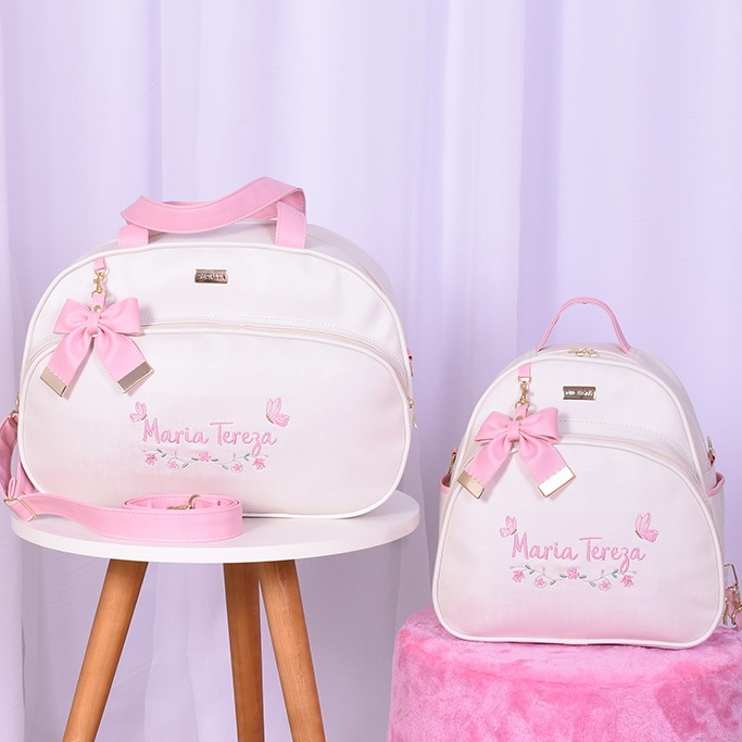 Kit Bolsa Maternidade Personalizada Menina Maria Tereza Off/Rosa - 02 Peças