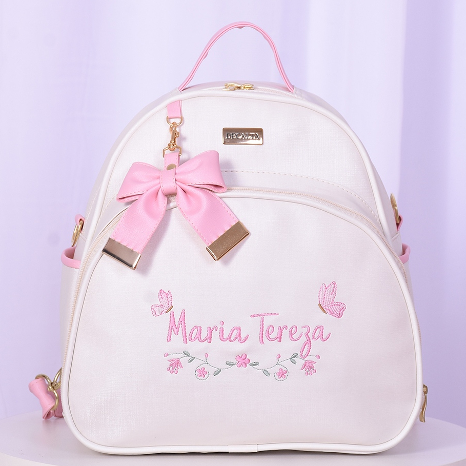 Mochila Maternidade Menina Personalizada 2 em 1 Maria Tereza Off/Rosa - 01 Peça