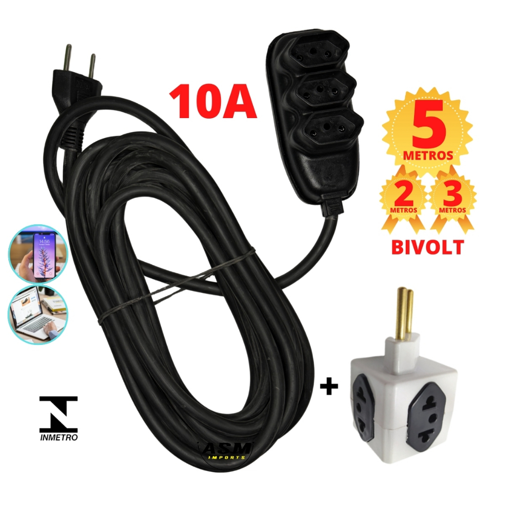 Extensao de Energia 10A + Cubo adaptador de tomadas Extensao Eletrica bivolt Preto cabo Grosso 2 Pinos