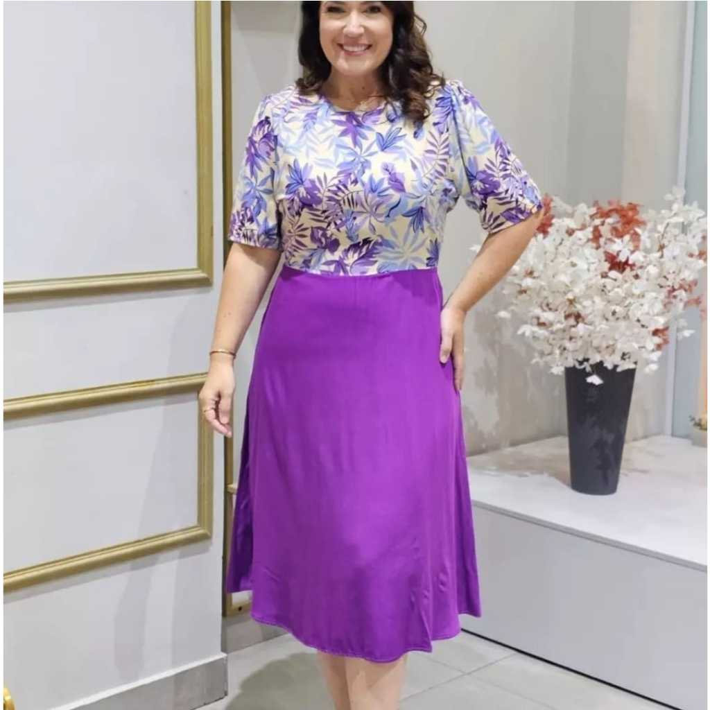 VESTIDO MIDI CASUAL EM VISCOSE ESTAMPADA, SAIA LISA, FORRADO, MODA EVANGÉLICA E SOCIAL