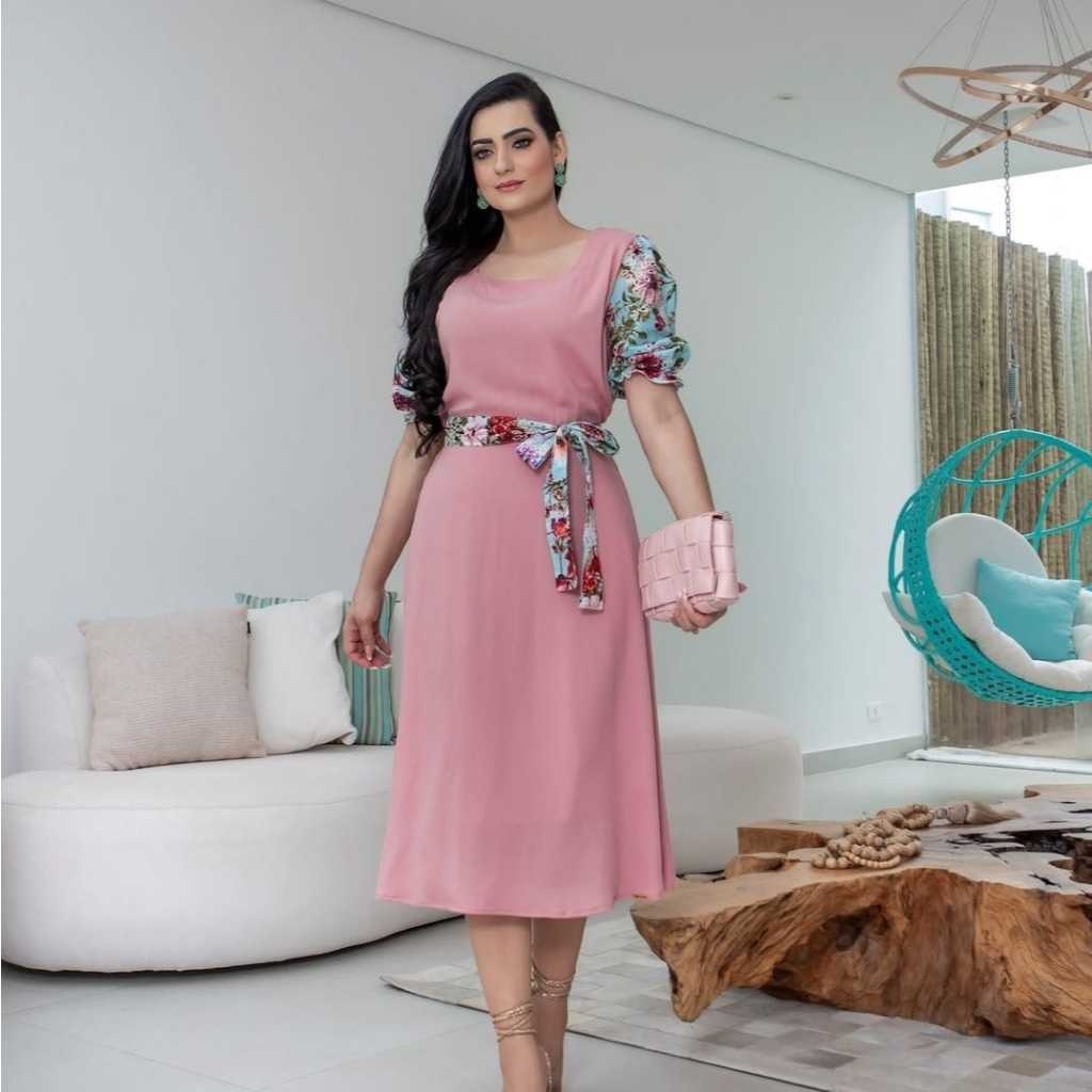VESTIDO MIDI CASUAL EM VISCOSE, MANGAS E FAIXAS EM LAISE, FORRADO, MODA EVANGÉLICA E SOCIAL