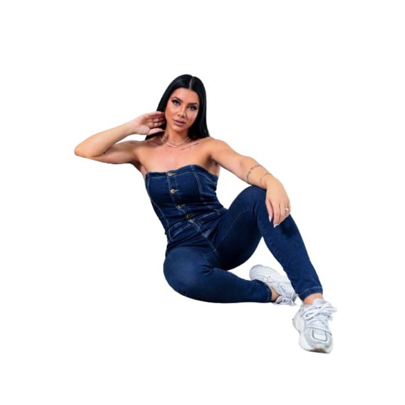 Macacão Tomaraquecaia Jeans Feminino Glamorosa Lycra