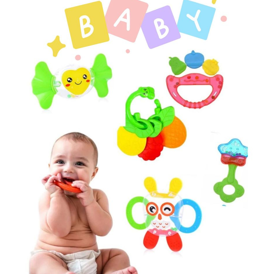 Kit Chocalho Mordedor Macio para Bebê Brinquedo Sensorial Silicone Musical Macio