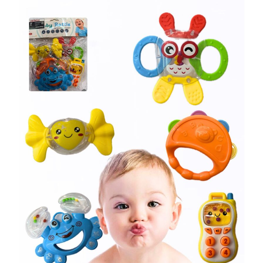 Kit Chocalho Mordedor Macio para Bebê Brinquedo Sensorial Silicone Musical Macio 5 peças