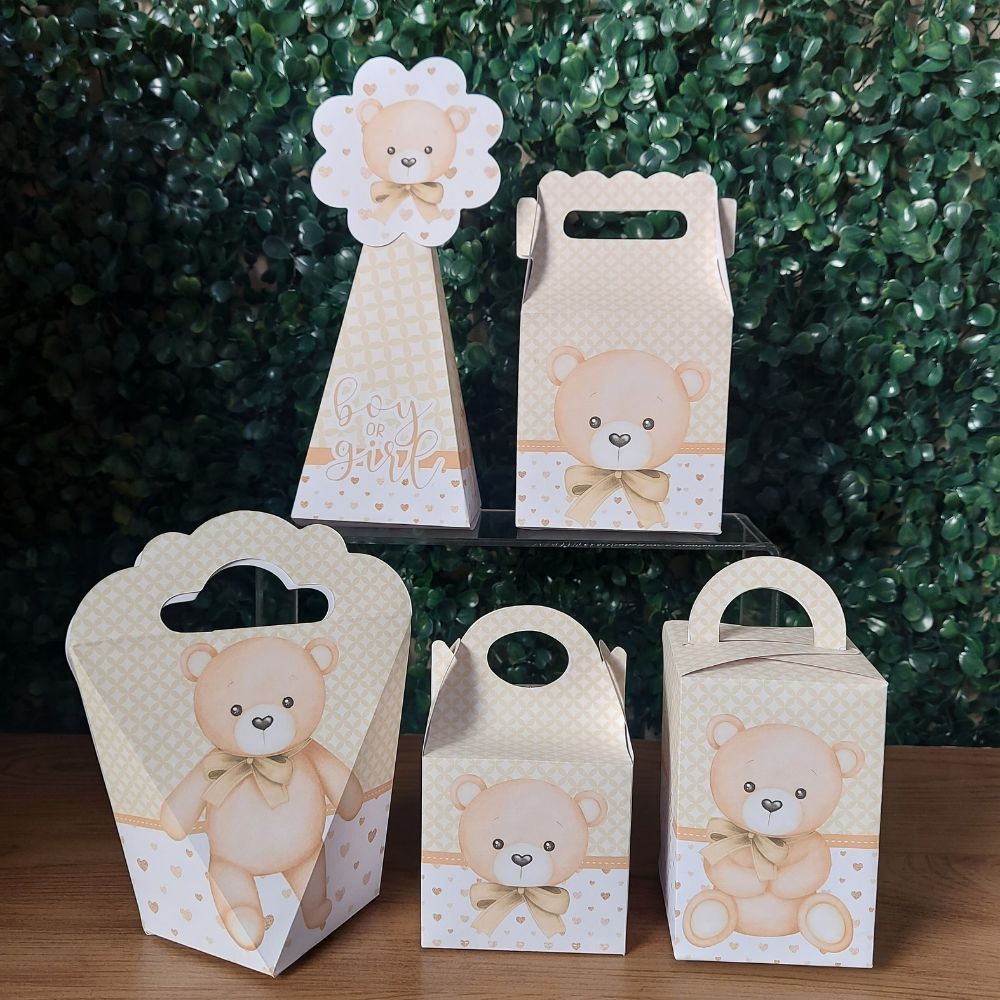 Kit Festa Chá Revelação Bege Ursinho Personalizado Pegue e Monte | Caixas Lembrancinhas Festa Infantil Aniversário