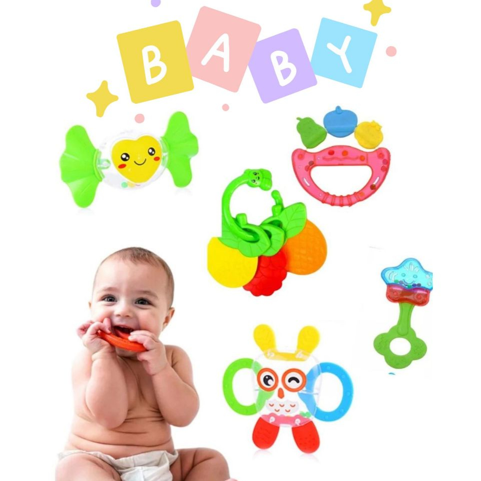 Kit Chocalho Mordedor Macio para Bebê Brinquedo Sensorial Silicone Musical Macio