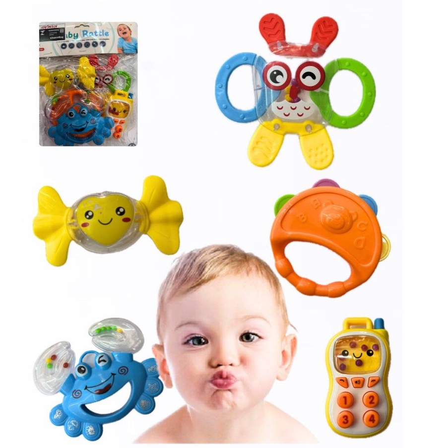 Kit Chocalho Mordedor Macio para Bebê Brinquedo Sensorial Silicone Musical Macio 5 peças