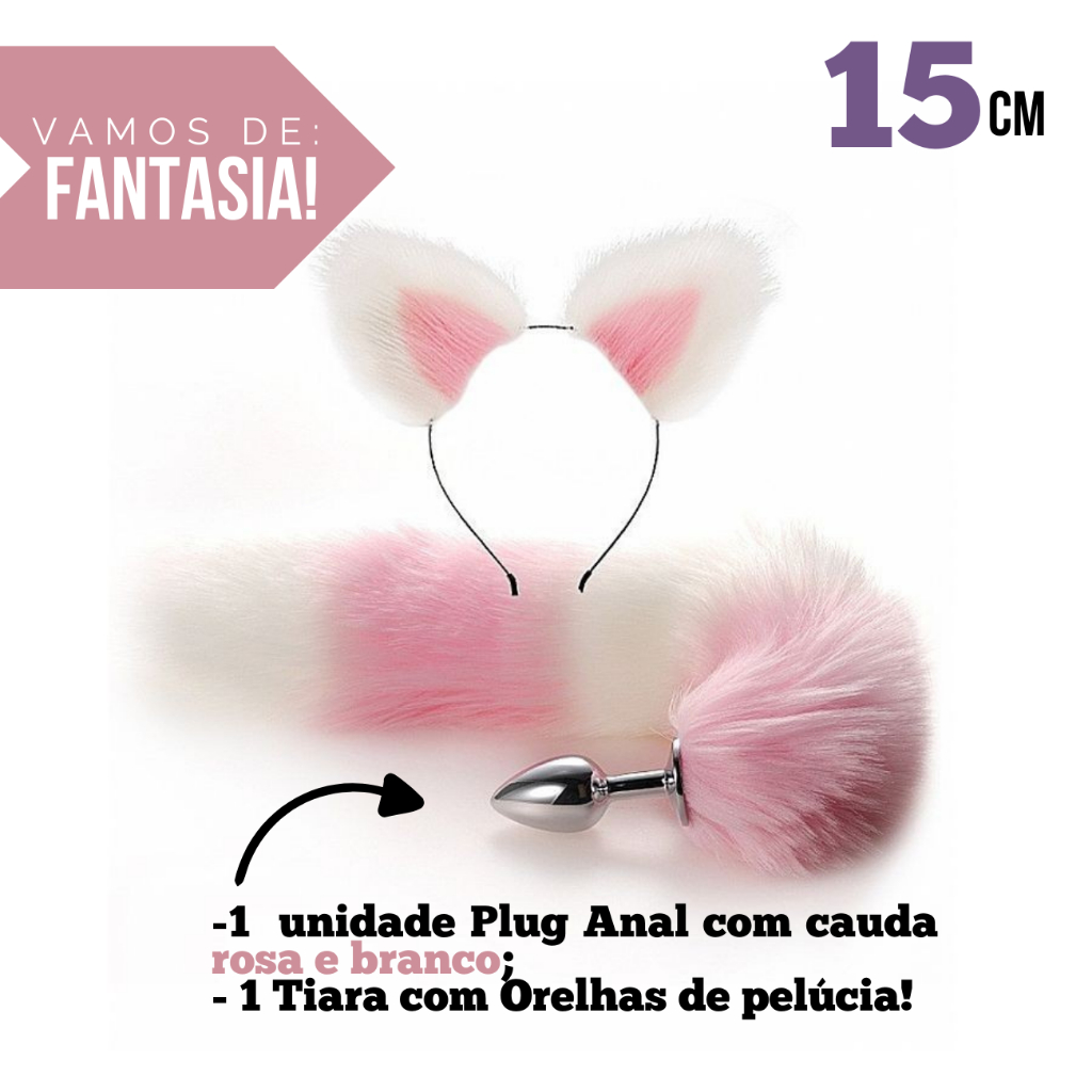Fantasia Sexual Kit BDSM Raposa Plug Anal com Cauda Rosa Branco