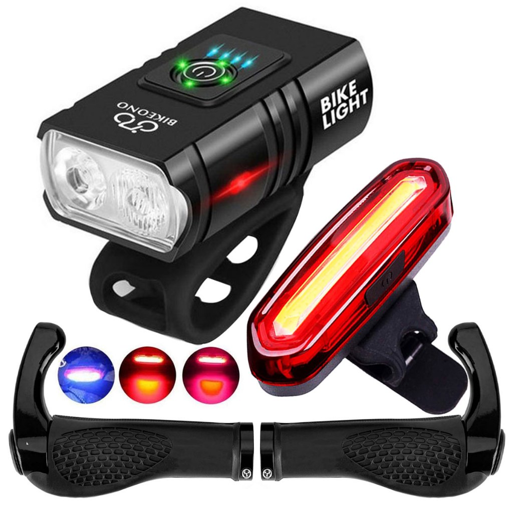 Lanterna Farol Com Visor Bike Usb Led Luzes  + Sinalizador 3 Cores Colorido + Manopla Bar End Mtb