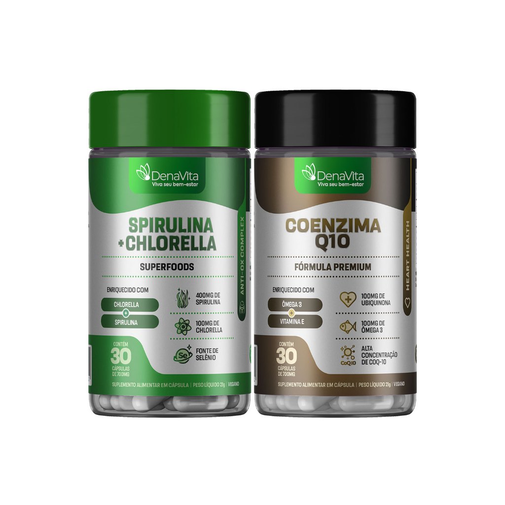 Kit Coenzima Q10, Ômega 3, Vitamina E, TCM + Spirulina com Chlorella - Vegano - Denavita