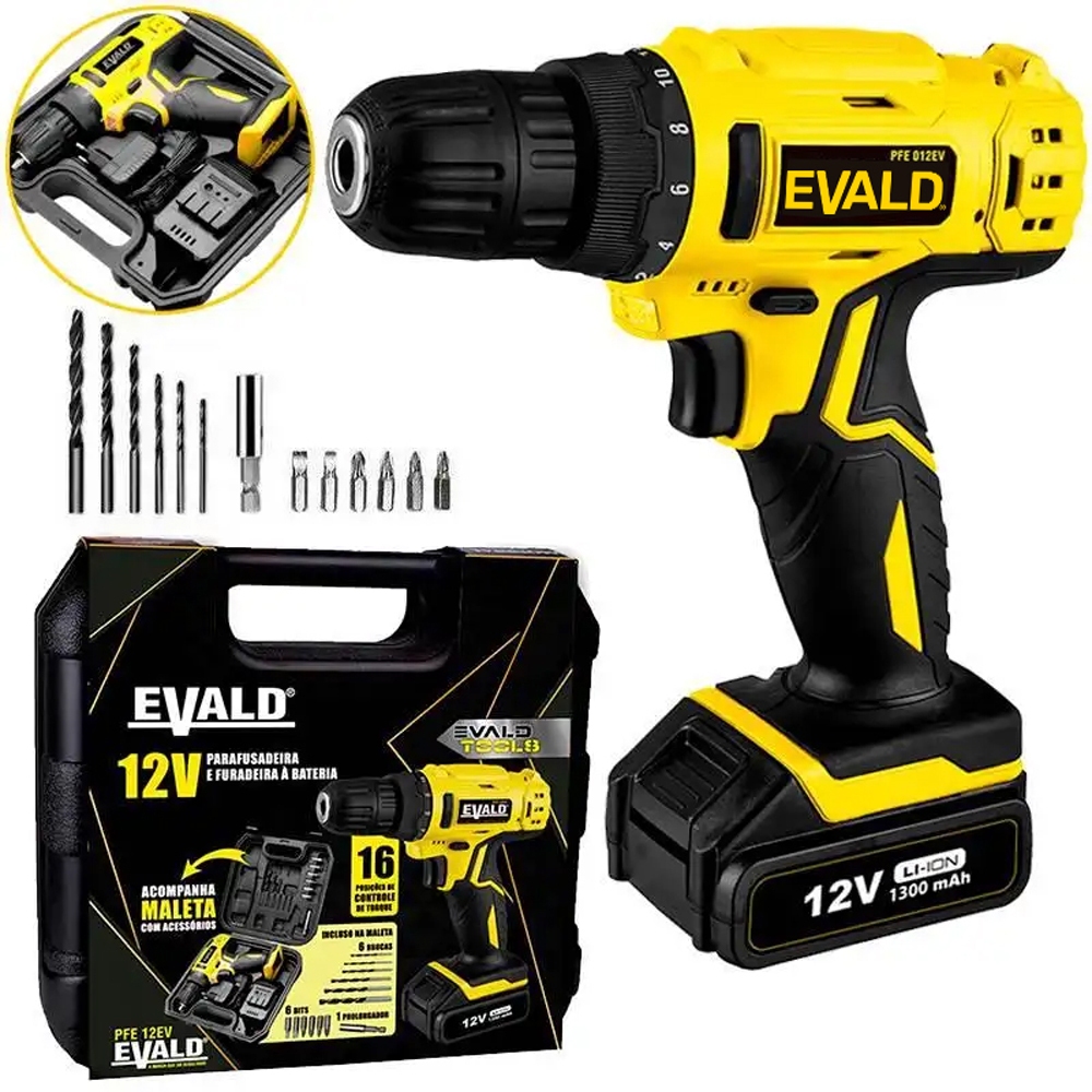 Parafusadeira e Furadeira à Bateria 12V Bivolt PFE-12EV com Maleta e Kit EVALD Bivolt em Oferta na Shopee