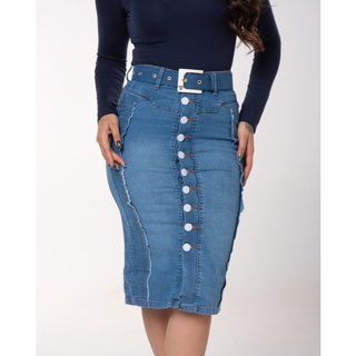 Saia Jeans Secretária com Cinto Encapado e Detalhes Desfiados 7Pallas em Oferta na Shopee