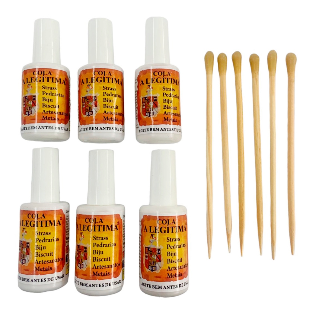 Kit 6 Cola Legítima Strass Pedrarias Metais 20ml + 6 Palito