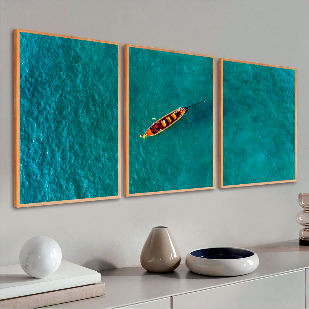 Kit 3 Quadros Decorativos Barco ao Mar Sala Grandes Moderno Com Moldura